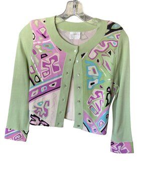 Ebene By Patrick Assaraf Green Multicolor Abstract Silk Cardigan Sweater M